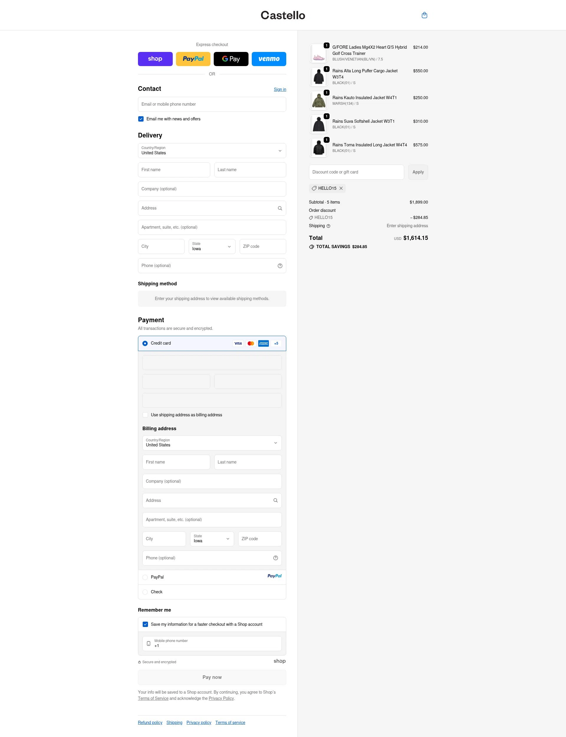 Castello Boutique checkout page showing Castello Boutique promo code box | Screenshot taken by SimplyCodes community member on Oct 27, 2025