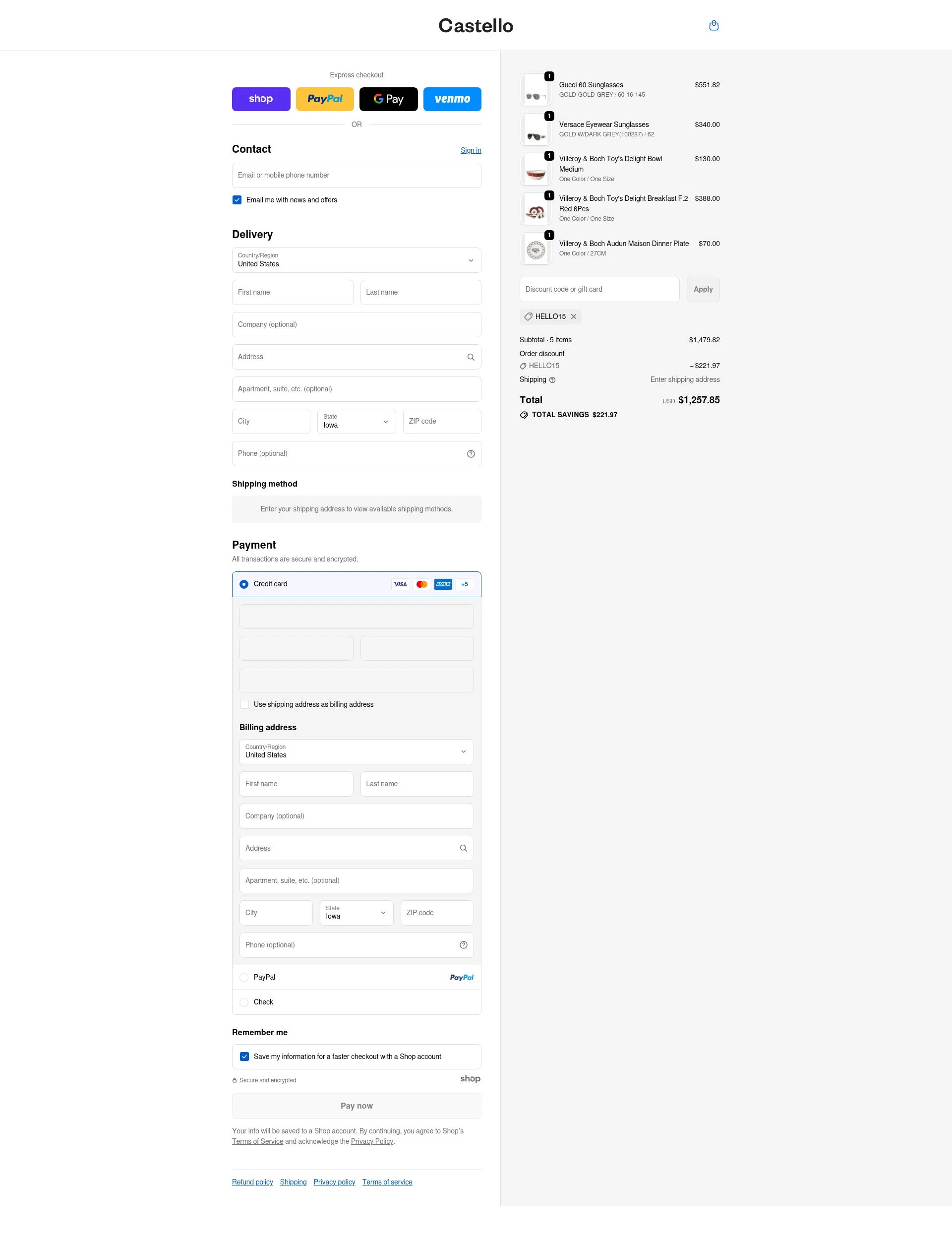 Castello Boutique checkout page showing Castello Boutique promo code box | Screenshot taken by SimplyCodes community member on Nov 15, 2025