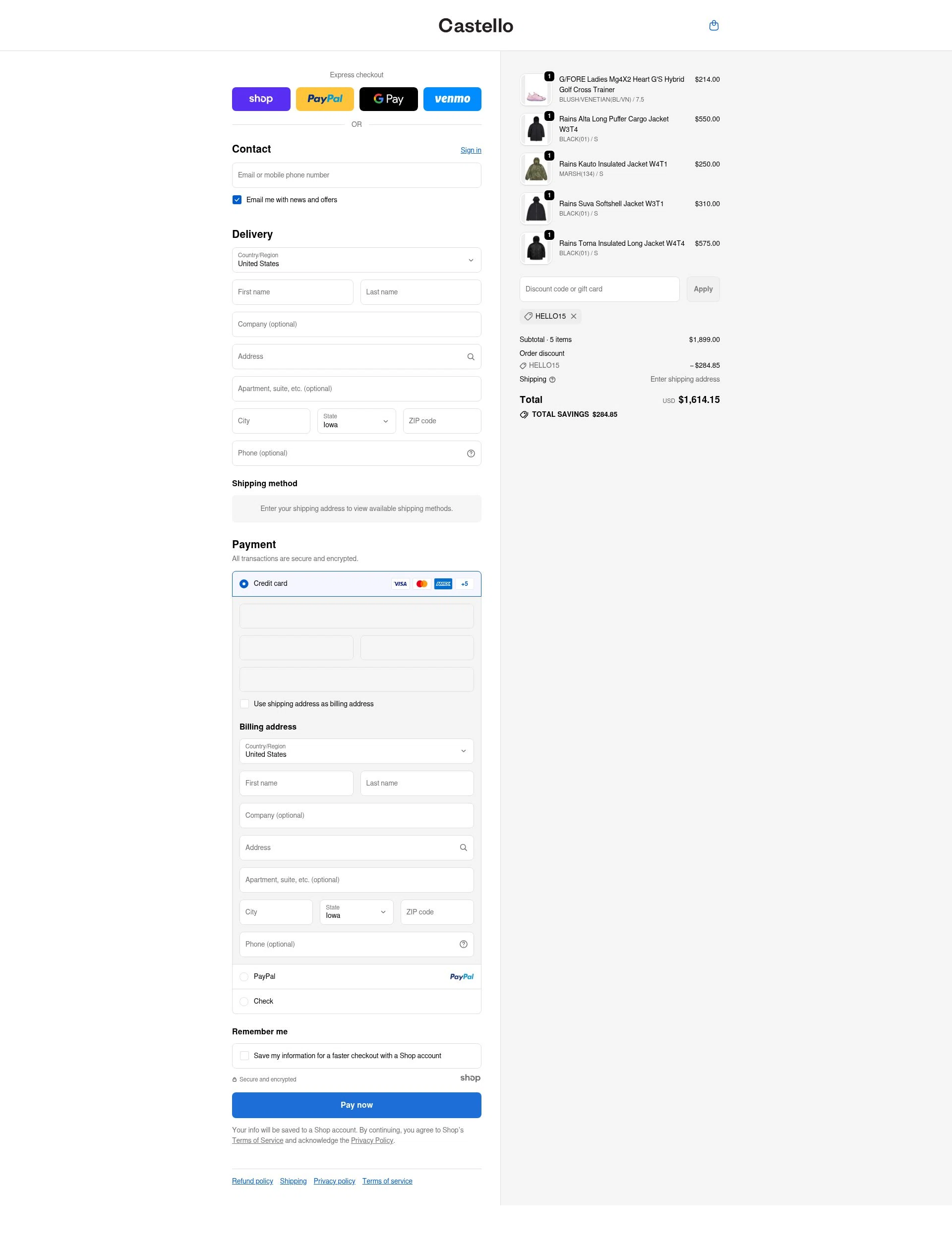 Castello Boutique checkout page showing Castello Boutique promo code box | Screenshot taken by SimplyCodes community member on Nov 3, 2025