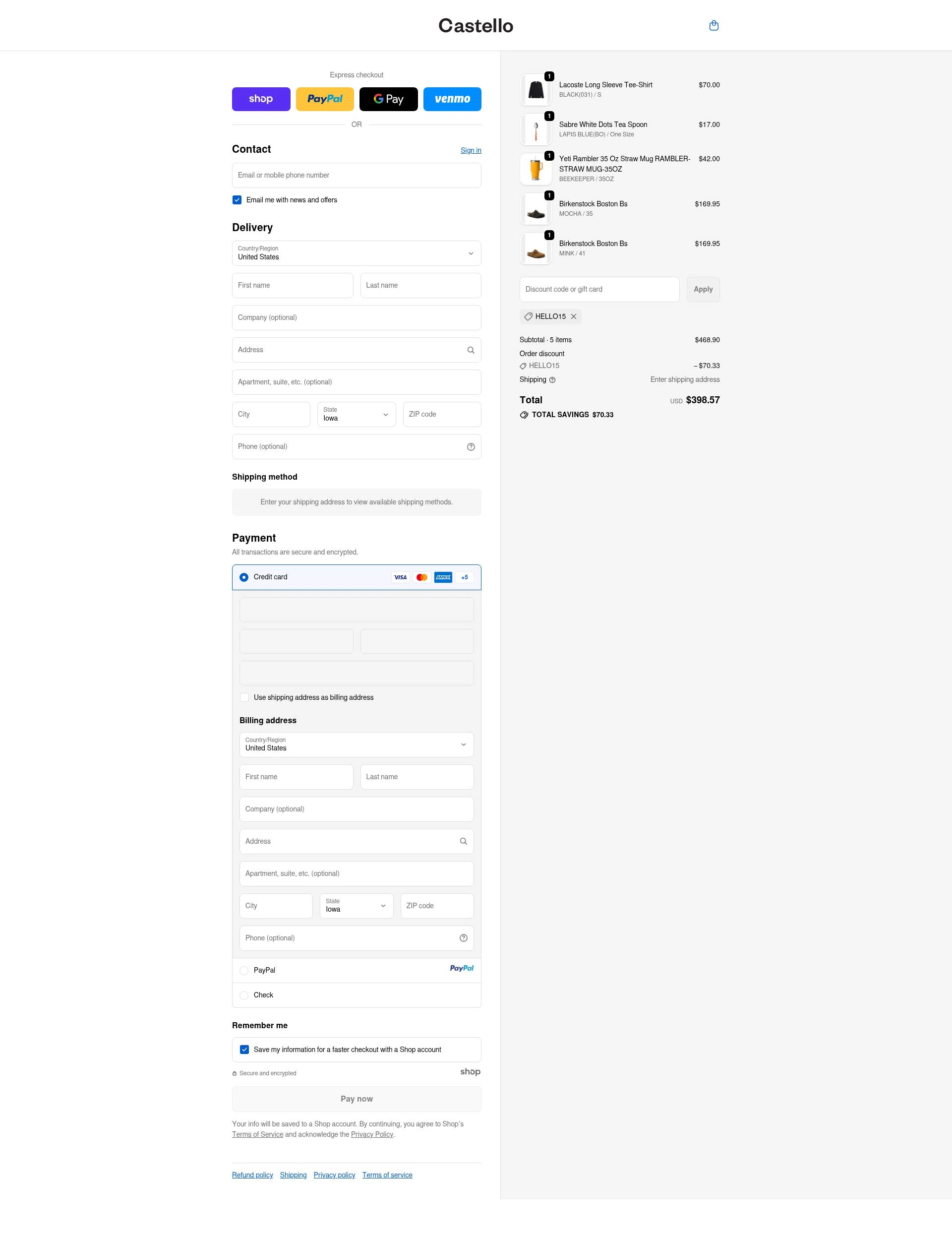 Castello Boutique checkout page showing Castello Boutique promo code box | Screenshot taken by SimplyCodes community member on Oct 7, 2025