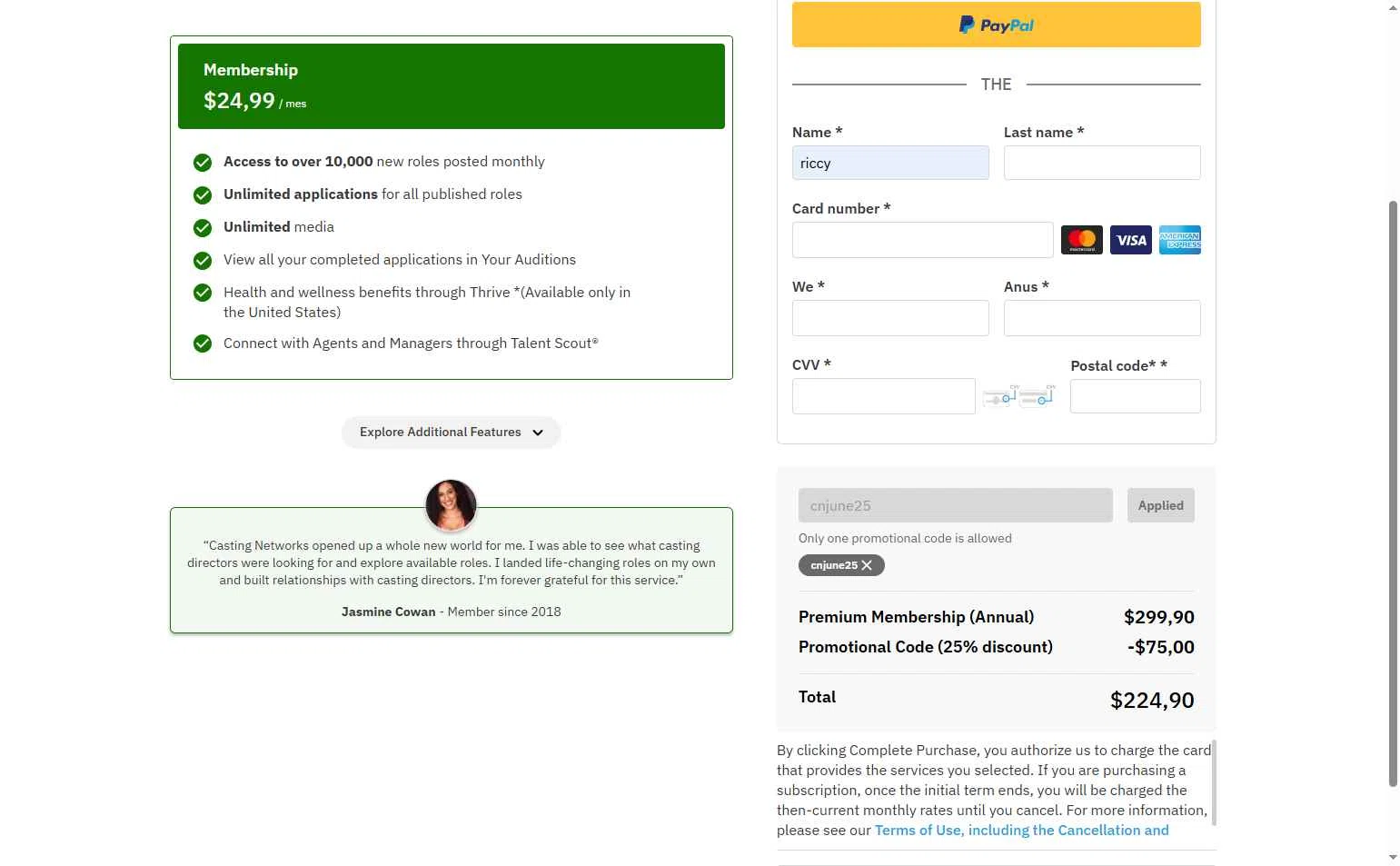 Casting Networks checkout page showing Casting Networks promo code box | Screenshot taken by SimplyCodes community member on Jun 6, 2025