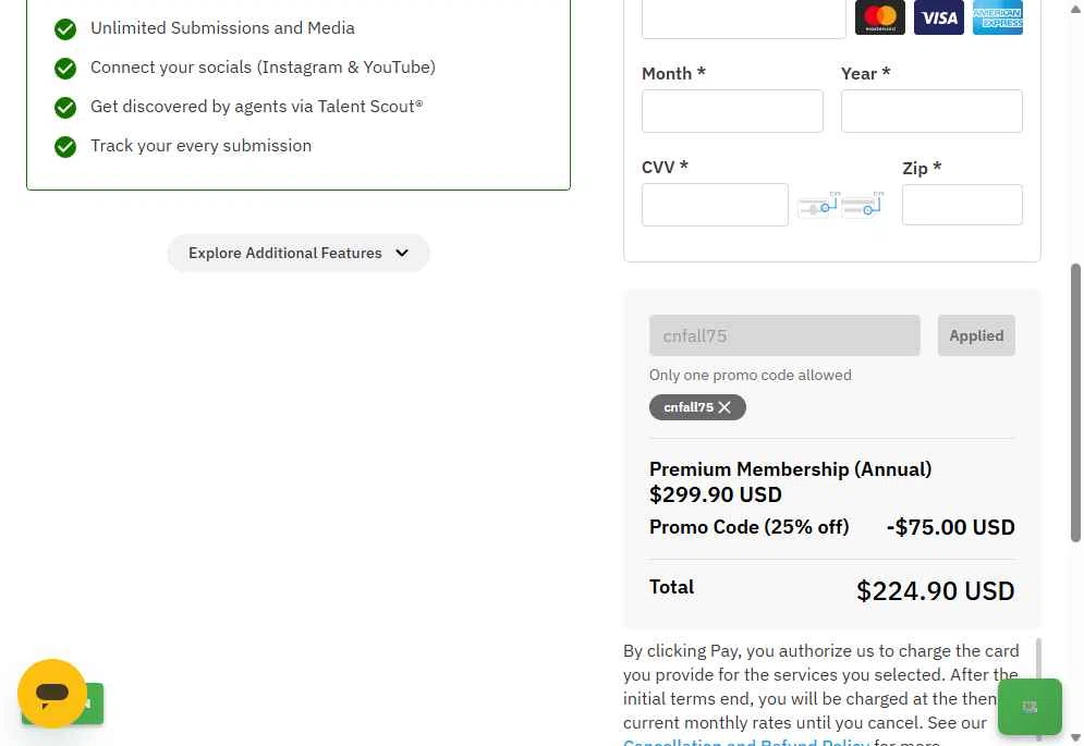 Casting Networks checkout page showing Casting Networks promo code box | Screenshot taken by SimplyCodes community member on Oct 14, 2025