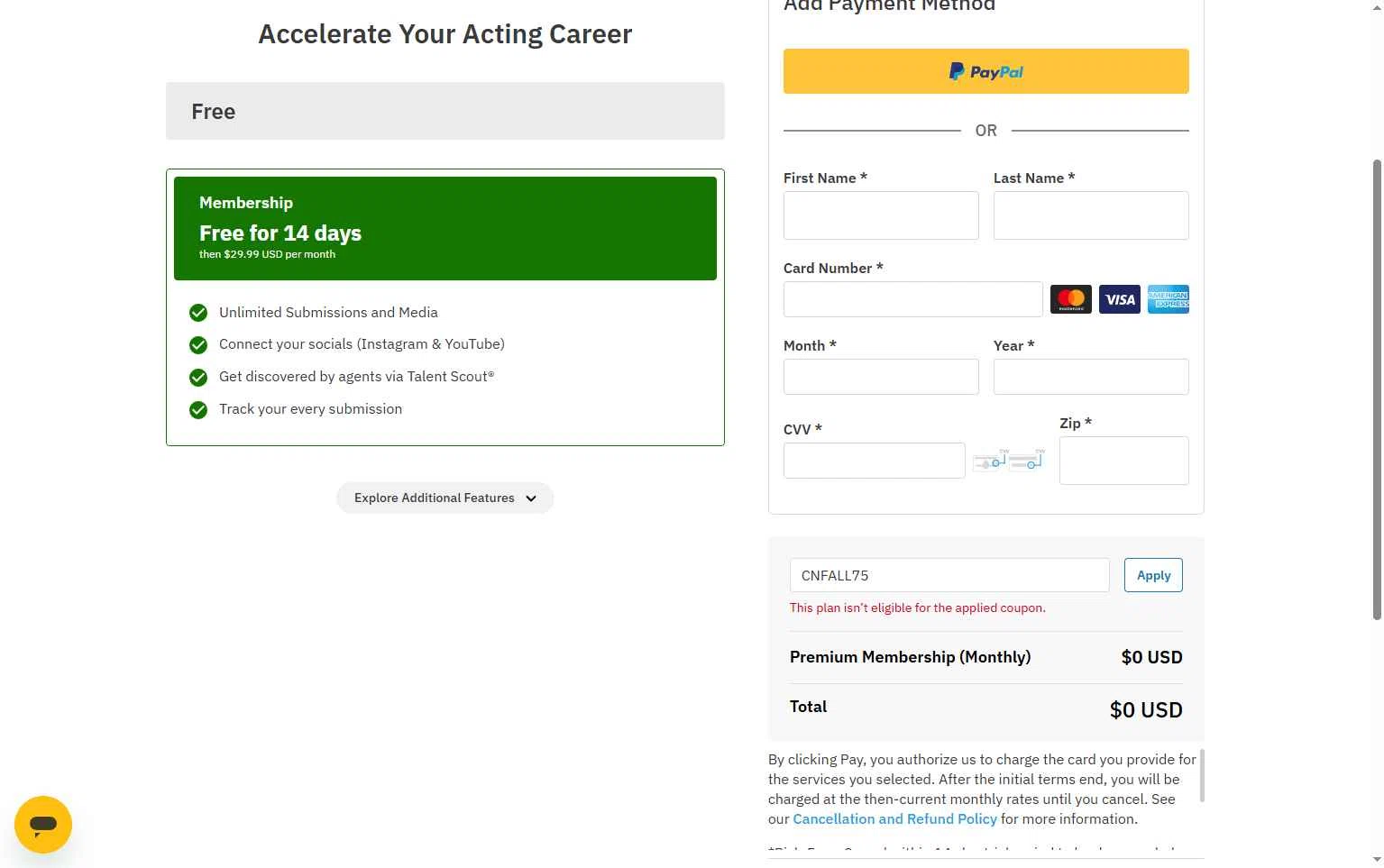 Casting Networks checkout page showing Casting Networks promo code box | Screenshot taken by SimplyCodes community member on Oct 14, 2025