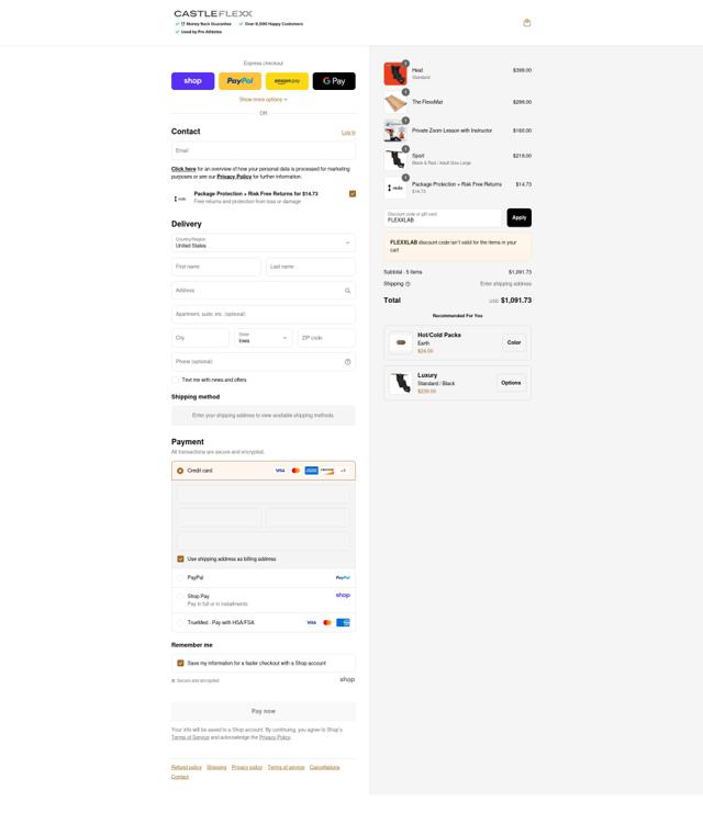 CastleFlexx checkout page showing CastleFlexx discount code box | Screenshot taken by SimplyCodes community member on Sep 8, 2025