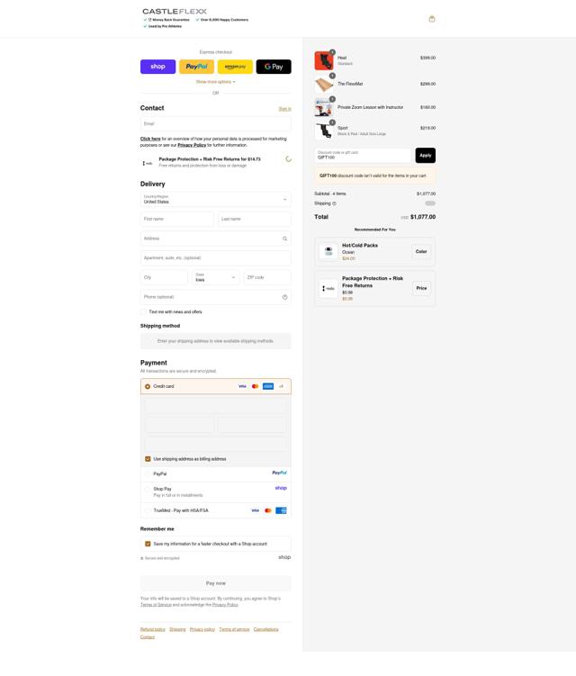 CastleFlexx checkout page showing CastleFlexx discount code box | Screenshot taken by SimplyCodes community member on Sep 12, 2025