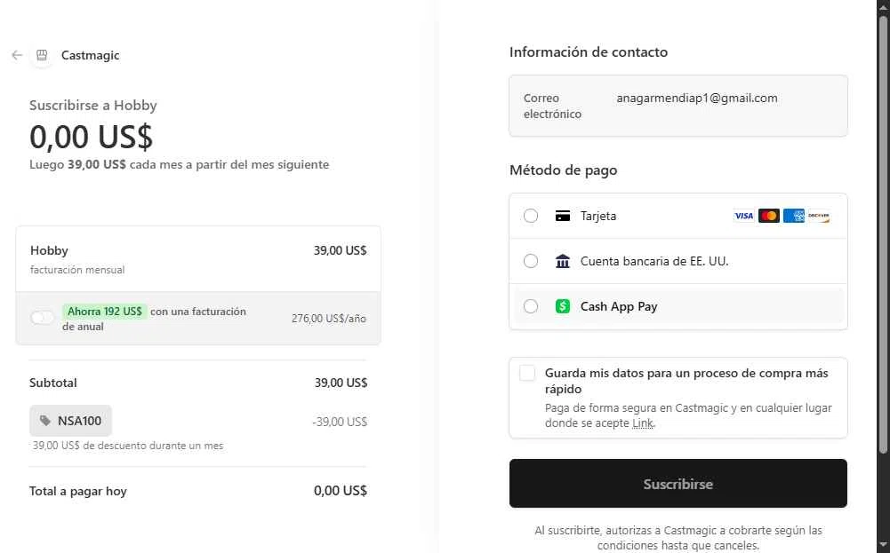Castmagic checkout page showing Castmagic promo code box | Screenshot taken by SimplyCodes community member on Dec 9, 2025