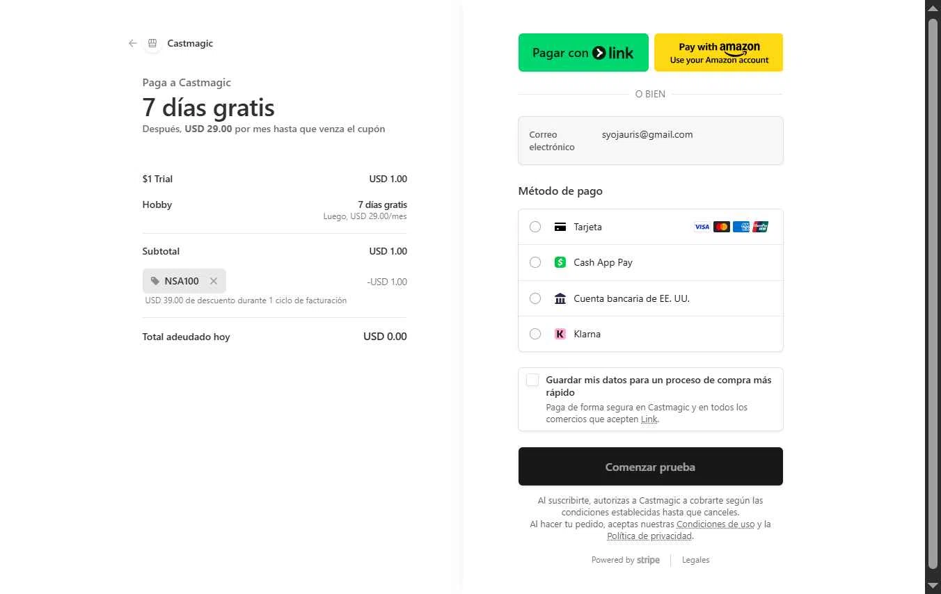 Castmagic checkout page showing Castmagic promo code box | Screenshot taken by SimplyCodes community member on Jan 7, 2026