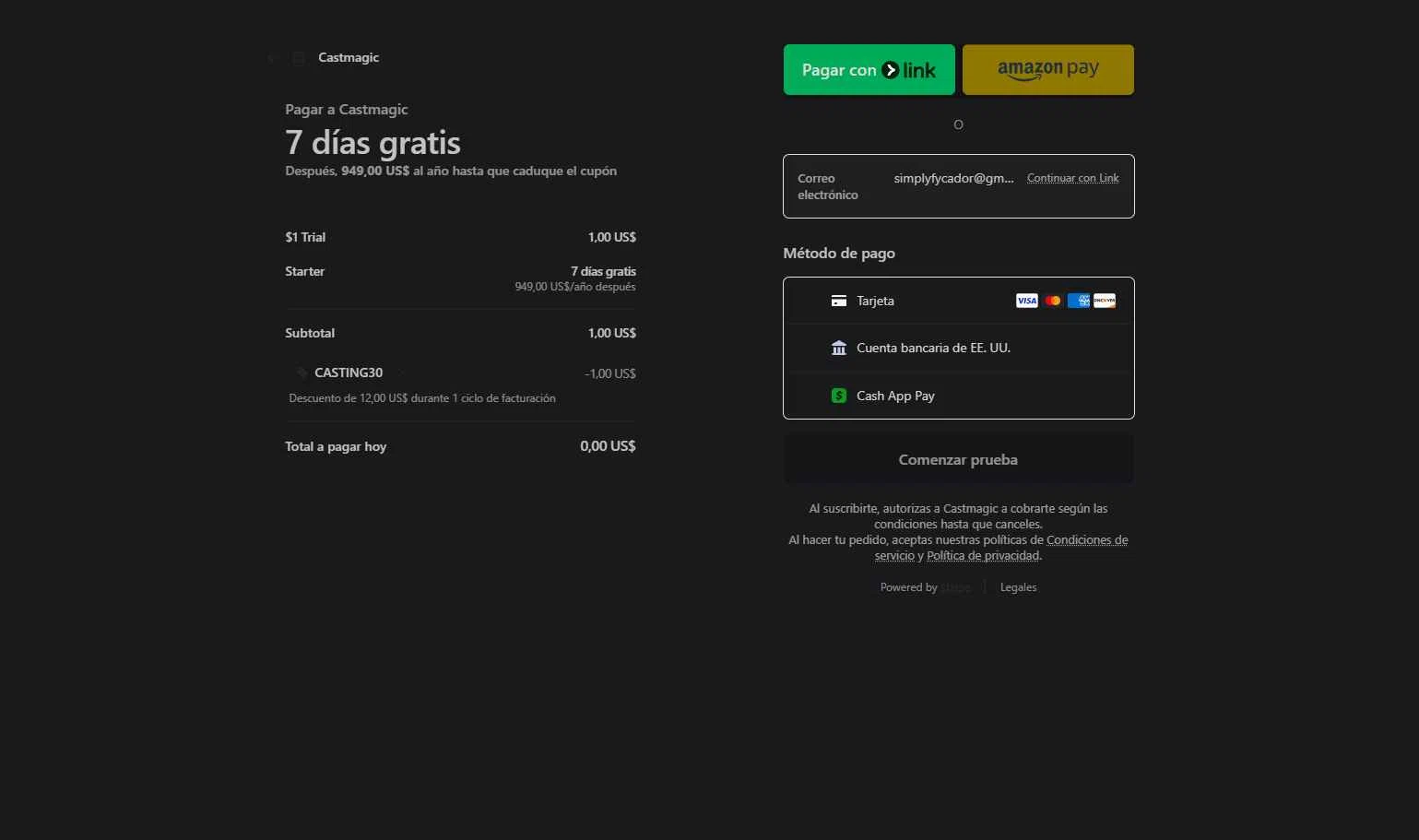 Castmagic checkout page showing Castmagic promo code box | Screenshot taken by SimplyCodes community member on Dec 9, 2025