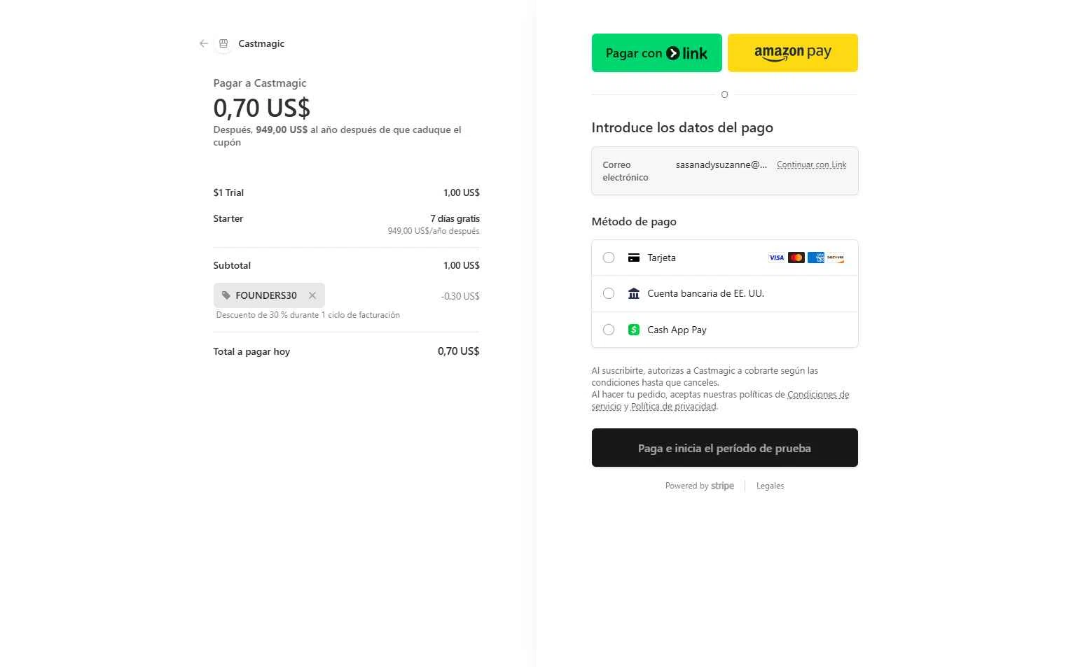 Castmagic checkout page showing Castmagic promo code box | Screenshot taken by SimplyCodes community member on Feb 11, 2026