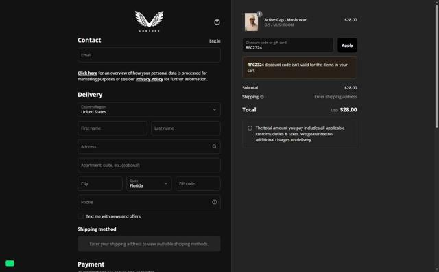 Castore checkout page showing Castore discount code box | Screenshot taken by SimplyCodes community member on Aug 31, 2025
