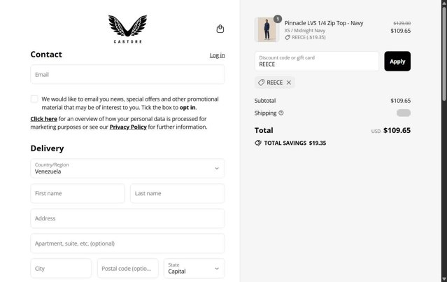 Castore checkout page showing Castore discount code box | Screenshot taken by SimplyCodes community member on Aug 9, 2025