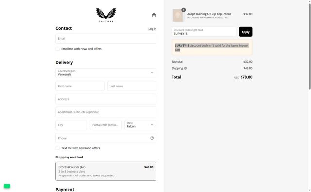 Castore checkout page showing Castore discount code box | Screenshot taken by SimplyCodes community member on Jul 19, 2025