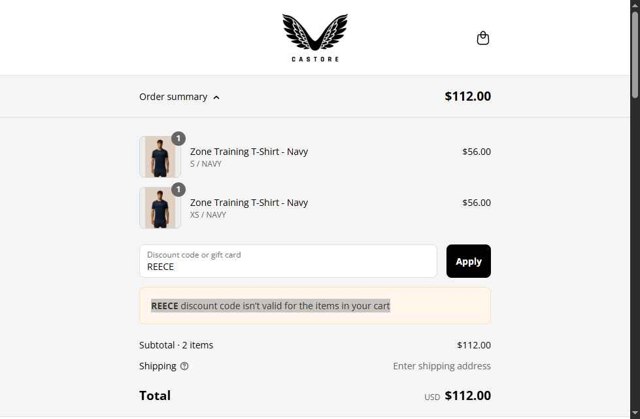 Castore checkout page showing Castore discount code box | Screenshot taken by SimplyCodes community member on Aug 3, 2025