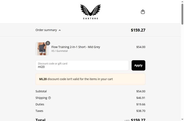 Castore checkout page showing Castore discount code box | Screenshot taken by SimplyCodes community member on Jul 28, 2025