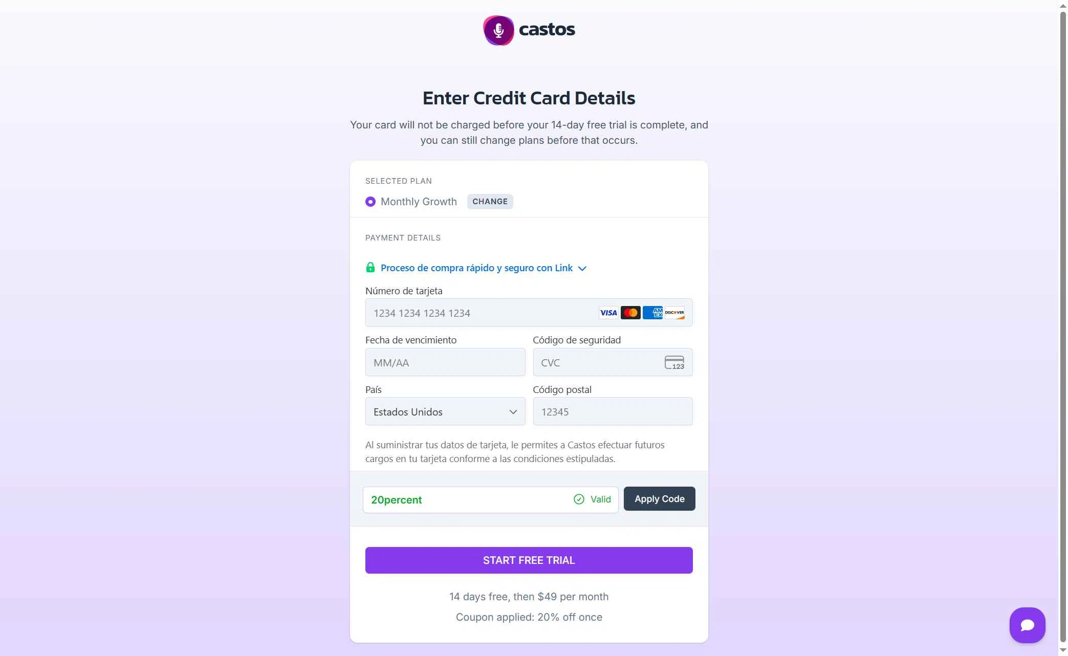 Castos checkout page showing Castos discount code box | Screenshot taken by SimplyCodes community member on Oct 11, 2025