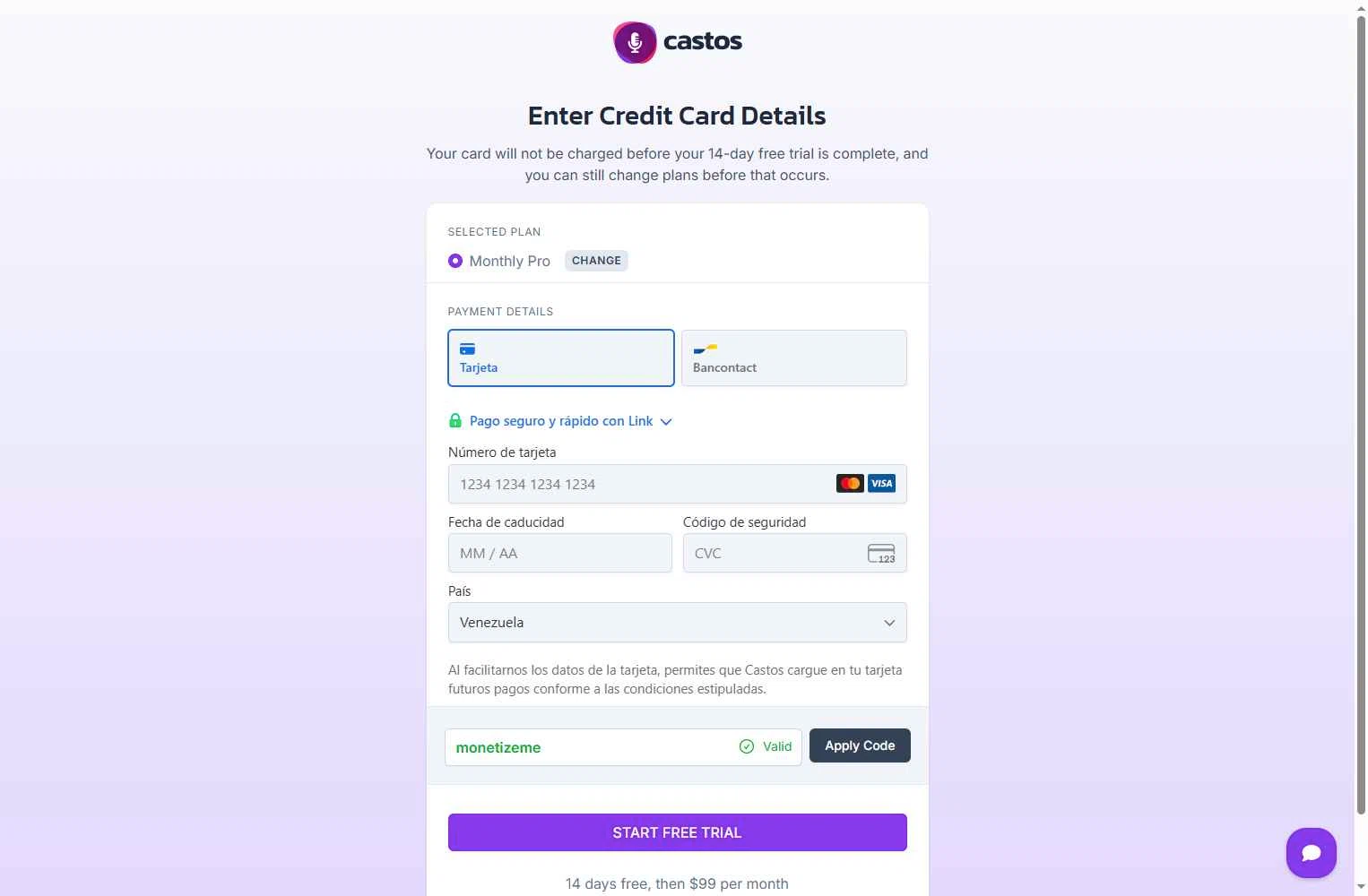 Castos checkout page showing Castos discount code box | Screenshot taken by SimplyCodes community member on Nov 25, 2025