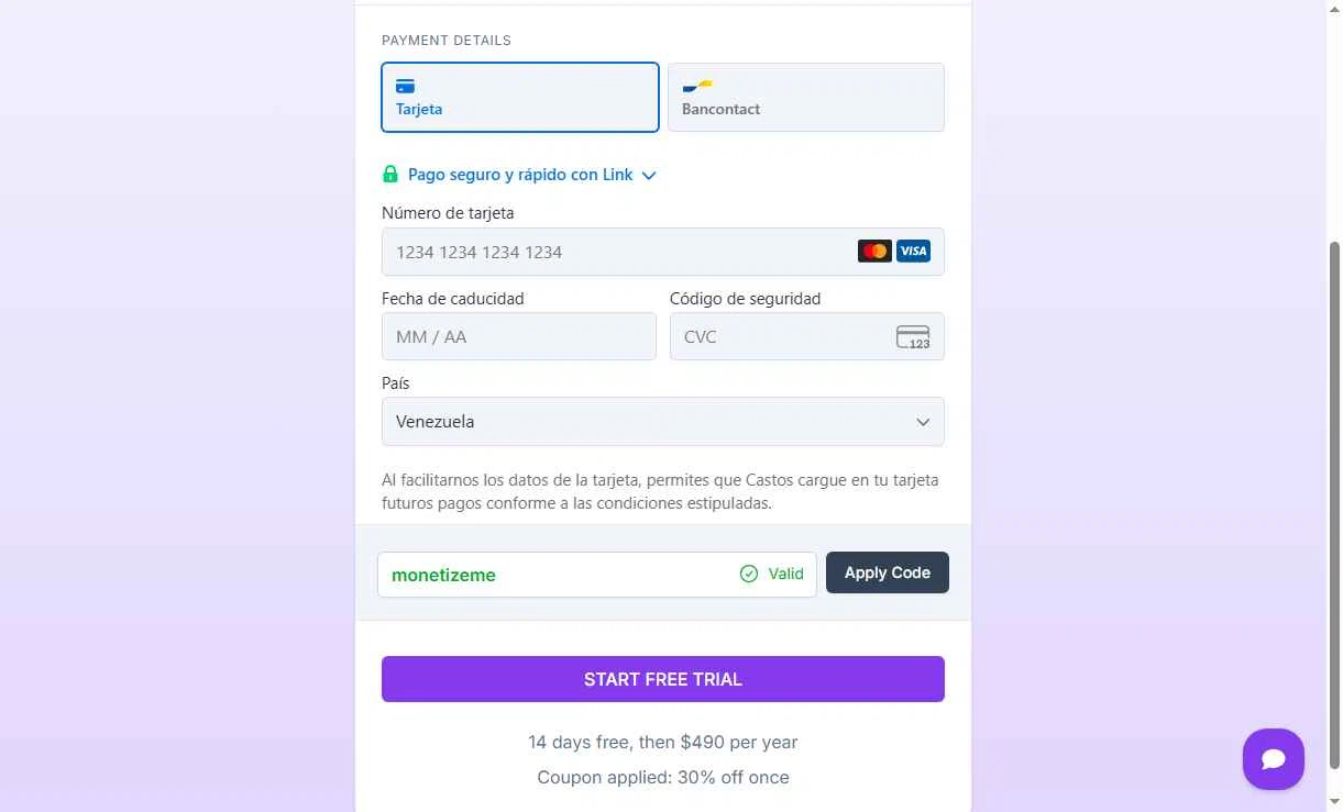 Castos checkout page showing Castos discount code box | Screenshot taken by SimplyCodes community member on Oct 27, 2025
