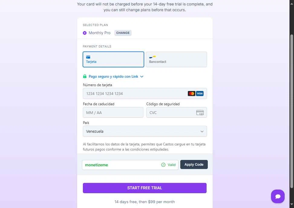 Castos checkout page showing Castos discount code box | Screenshot taken by SimplyCodes community member on Oct 27, 2025