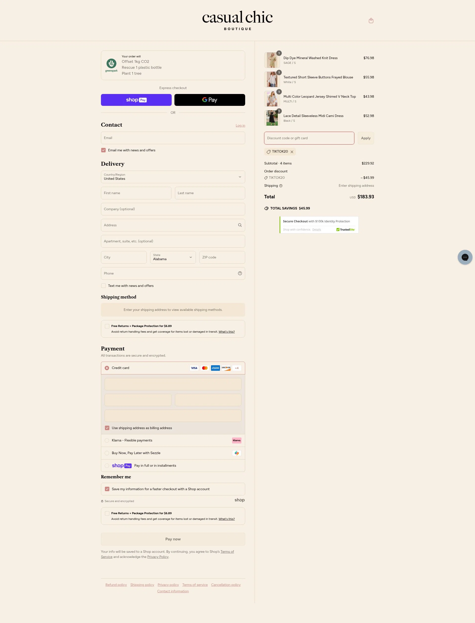 Casual Chic Boutique checkout page showing Casual Chic Boutique promo code box | Screenshot taken by SimplyCodes community member on May 11, 2025