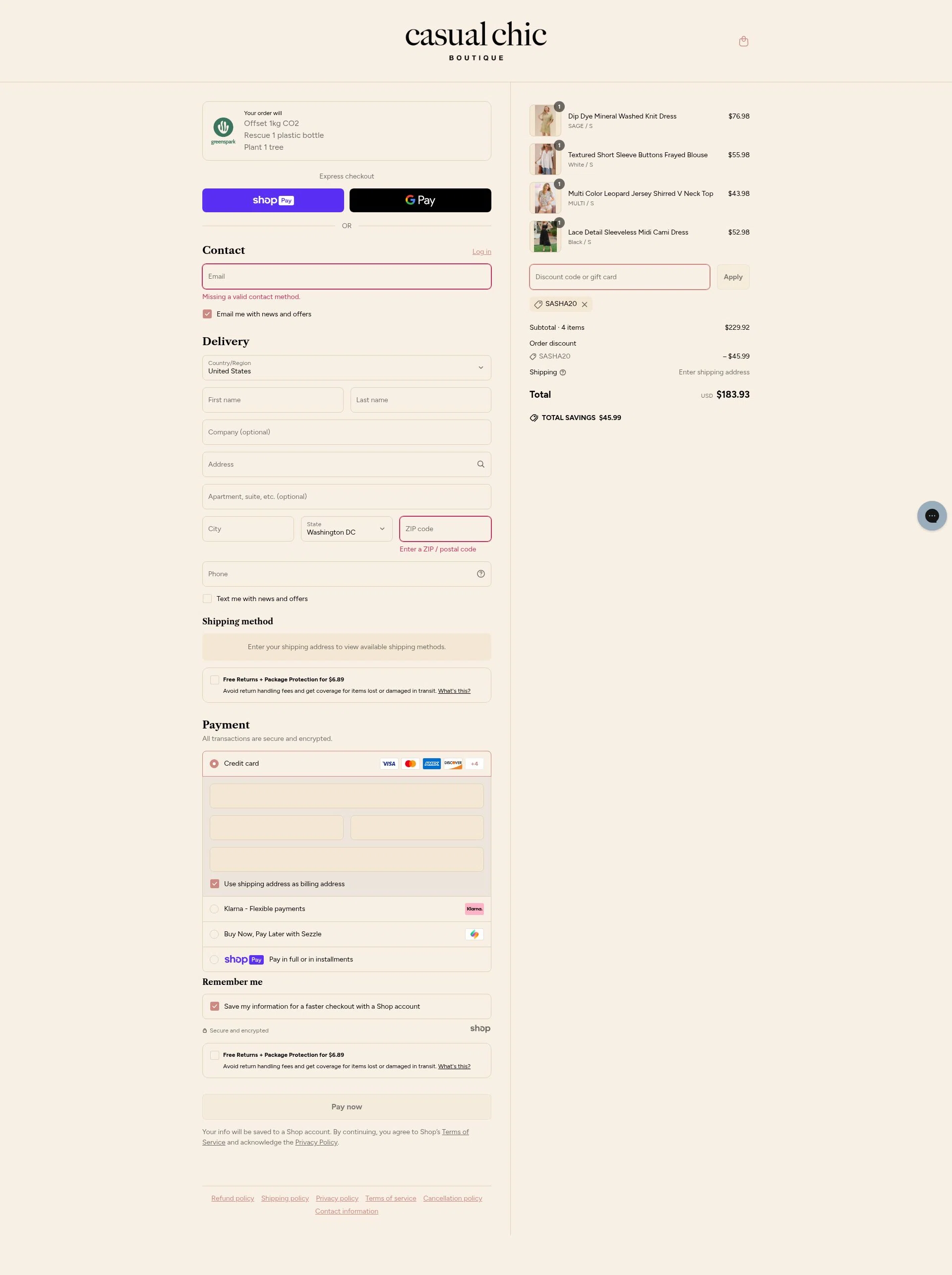 Casual Chic Boutique checkout page showing Casual Chic Boutique promo code box | Screenshot taken by SimplyCodes community member on May 23, 2025