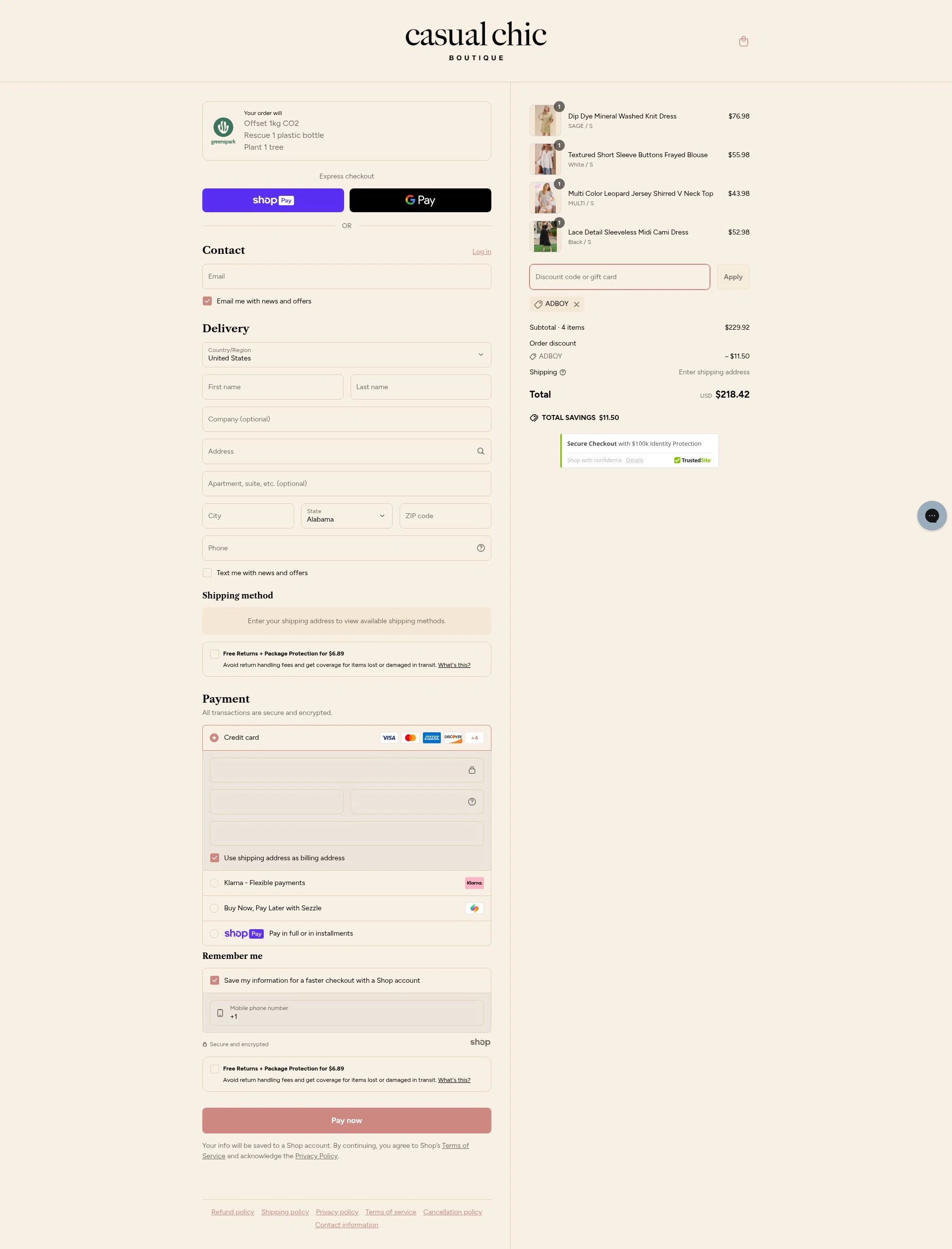 Casual Chic Boutique checkout page showing Casual Chic Boutique promo code box | Screenshot taken by SimplyCodes community member on May 11, 2025