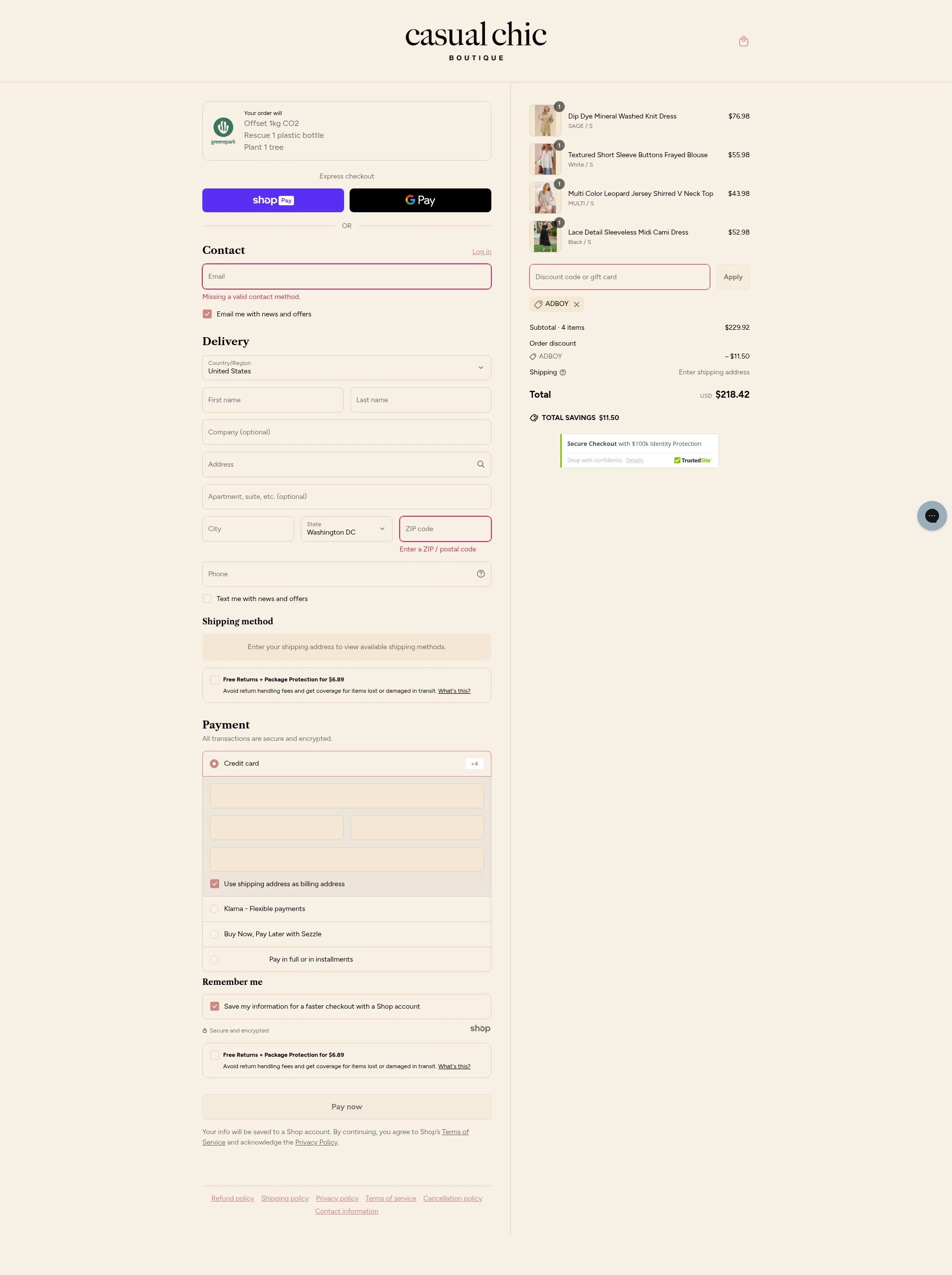 Casual Chic Boutique checkout page showing Casual Chic Boutique promo code box | Screenshot taken by SimplyCodes community member on May 23, 2025