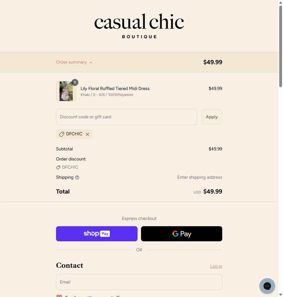 Casual Chic Boutique checkout page showing Casual Chic Boutique promo code box | Screenshot taken by SimplyCodes community member on May 15, 2025