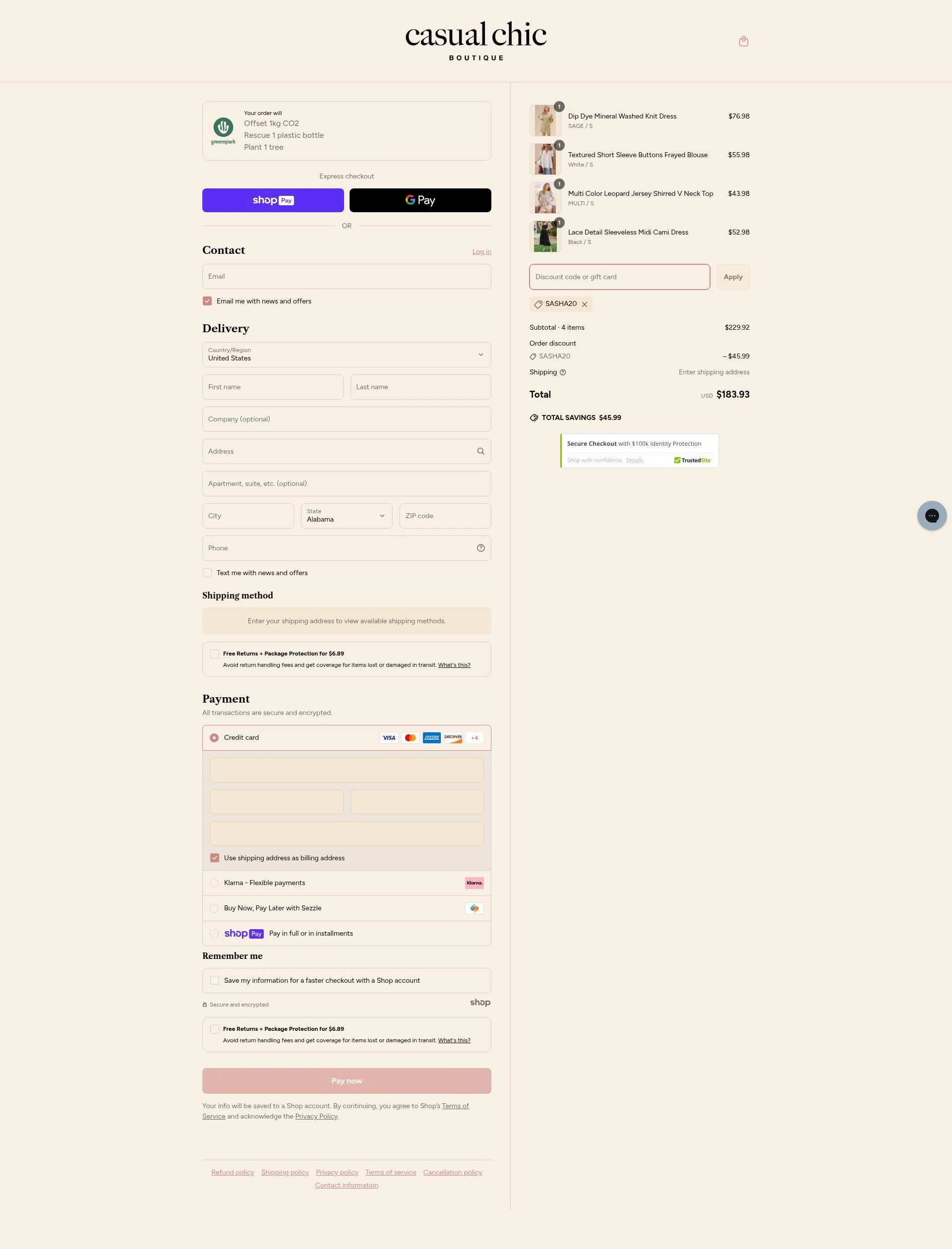 Casual Chic Boutique checkout page showing Casual Chic Boutique promo code box | Screenshot taken by SimplyCodes community member on May 11, 2025