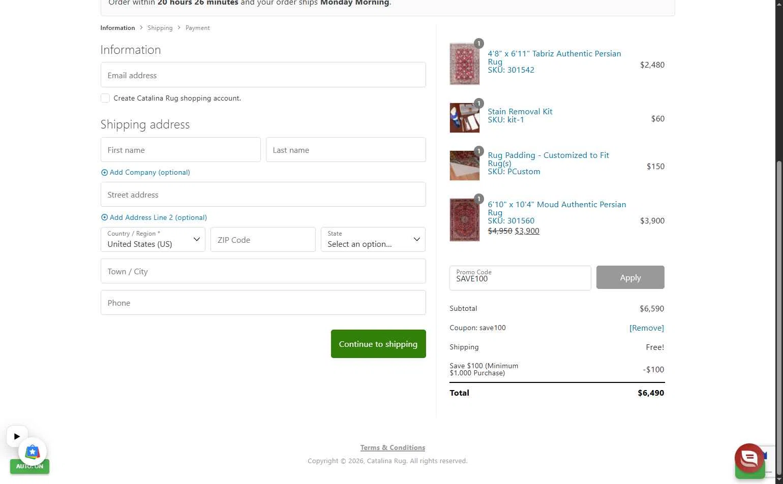 Catalina checkout page showing Catalina promo code box | Screenshot taken by SimplyCodes community member on Jan 11, 2026