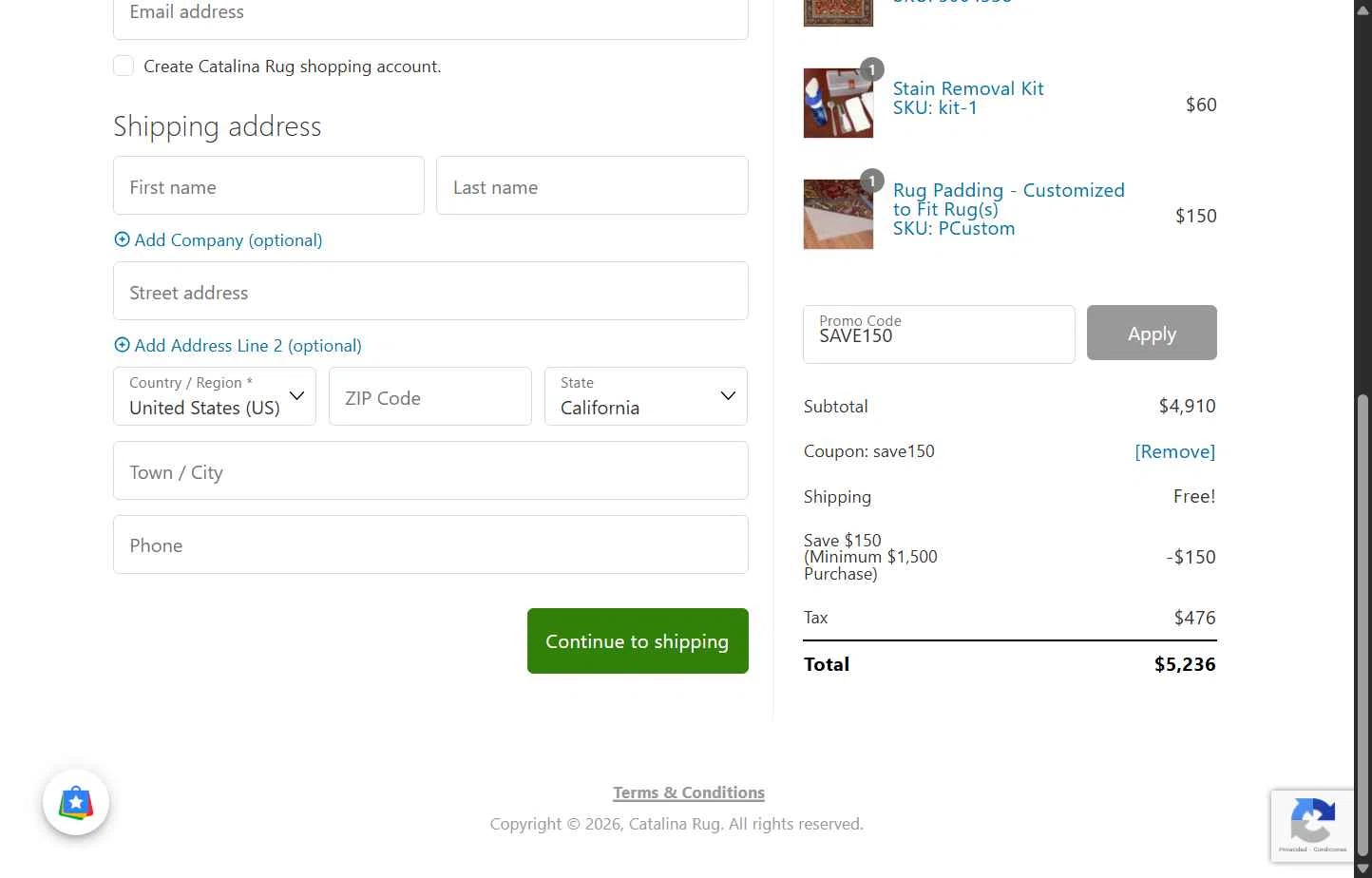Catalina checkout page showing Catalina promo code box | Screenshot taken by SimplyCodes community member on Jan 11, 2026