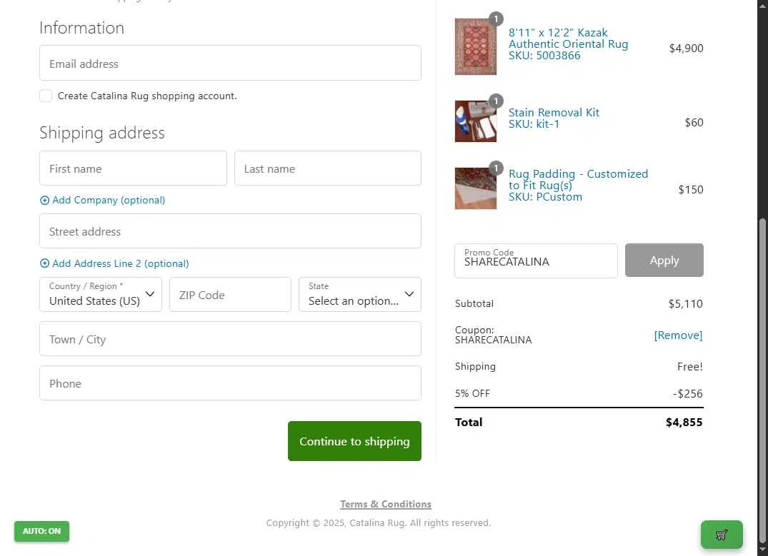 Catalina checkout page showing Catalina promo code box | Screenshot taken by SimplyCodes community member on Oct 19, 2025