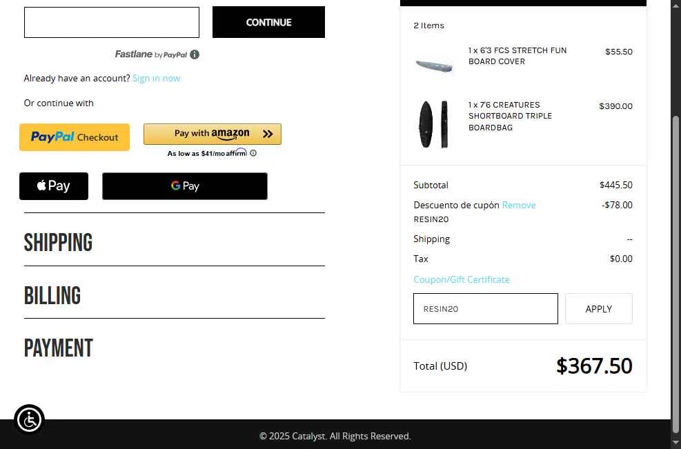 Catalyst Shop checkout page showing Catalyst Shop coupon code box | Screenshot taken by SimplyCodes community member on Nov 19, 2025