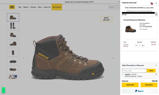 Cat Footwear US checkout page showing Cat Footwear US promo code box | Screenshot taken by SimplyCodes community member on Aug 28, 2025