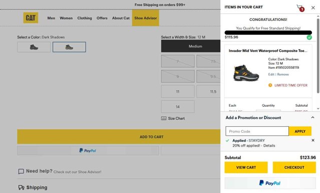 Cat Footwear US checkout page showing Cat Footwear US promo code box | Screenshot taken by SimplyCodes community member on Aug 18, 2025