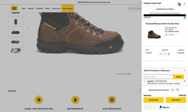 Cat Footwear US checkout page showing Cat Footwear US promo code box | Screenshot taken by SimplyCodes community member on Sep 9, 2025
