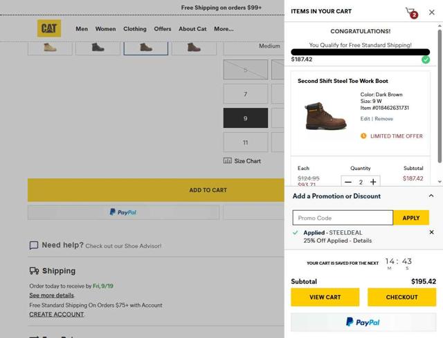 Cat Footwear US checkout page showing Cat Footwear US promo code box | Screenshot taken by SimplyCodes community member on Sep 9, 2025