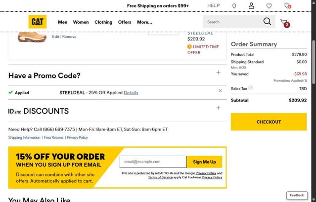 Cat Footwear US checkout page showing Cat Footwear US promo code box | Screenshot taken by SimplyCodes community member on Aug 19, 2025