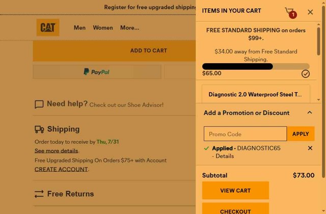 Cat Footwear US checkout page showing Cat Footwear US promo code box | Screenshot taken by SimplyCodes community member on Jul 19, 2025