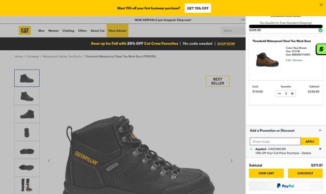 Cat Footwear US checkout page showing Cat Footwear US promo code box | Screenshot taken by SimplyCodes community member on Sep 9, 2025