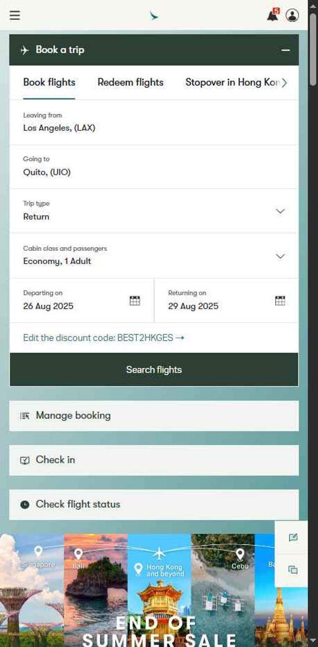 Cathay Pacific Airways checkout page showing Cathay Pacific Airways promo code box | Screenshot taken by SimplyCodes community member on Aug 15, 2025