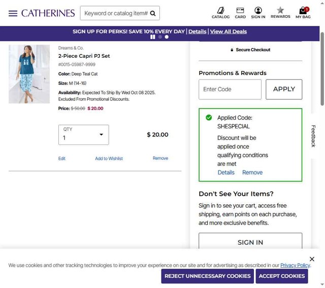 Catherines checkout page showing Catherines promo code box | Screenshot taken by SimplyCodes community member on Aug 22, 2025
