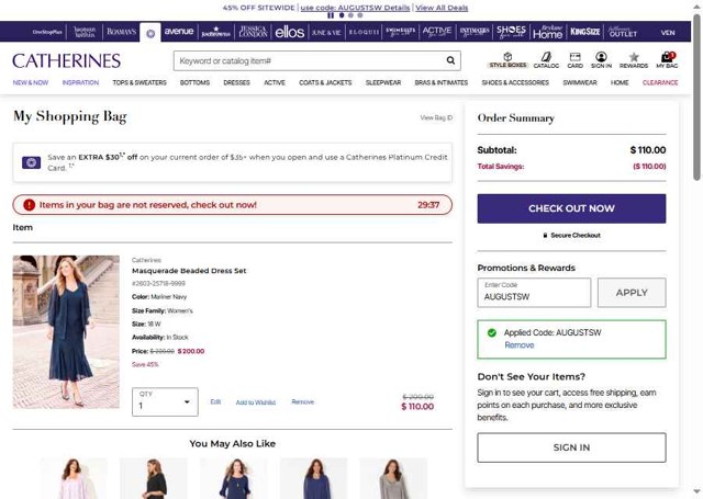 Catherines checkout page showing Catherines promo code box | Screenshot taken by SimplyCodes community member on Aug 19, 2025