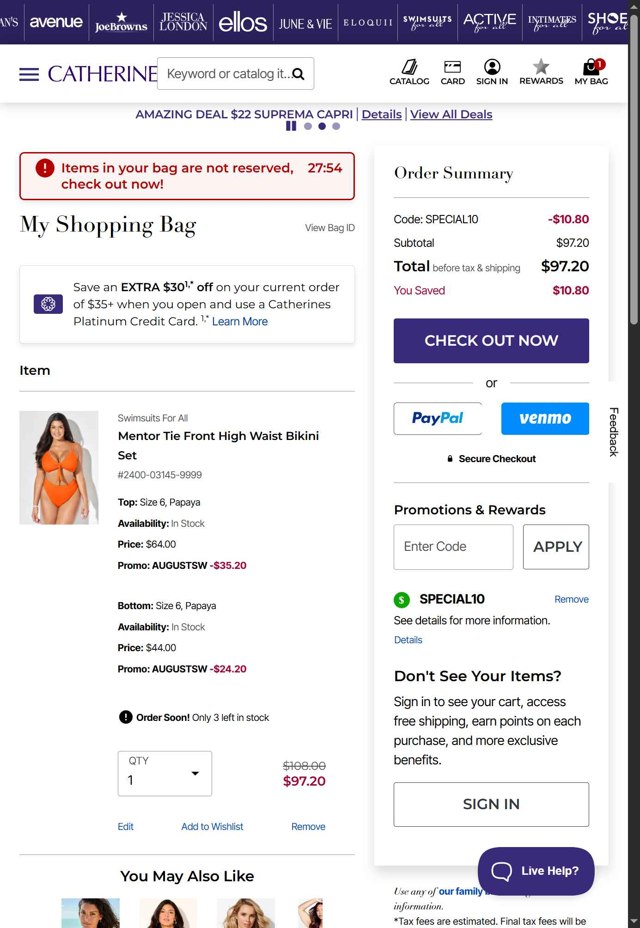 Catherines checkout page showing Catherines promo code box | Screenshot taken by SimplyCodes community member on Aug 18, 2025