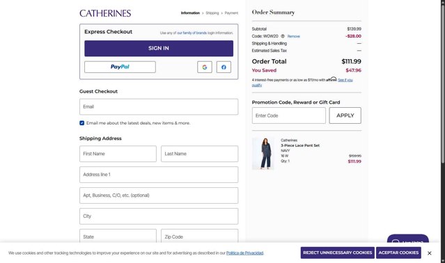 Catherines checkout page showing Catherines promo code box | Screenshot taken by SimplyCodes community member on Aug 22, 2025