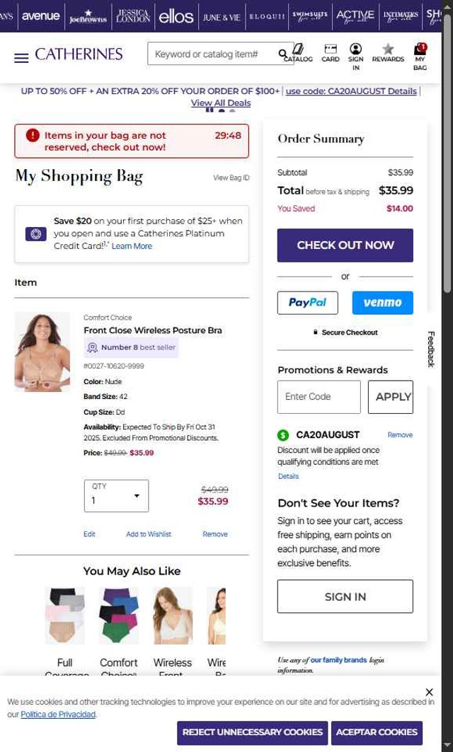 Catherines checkout page showing Catherines promo code box | Screenshot taken by SimplyCodes community member on Aug 20, 2025