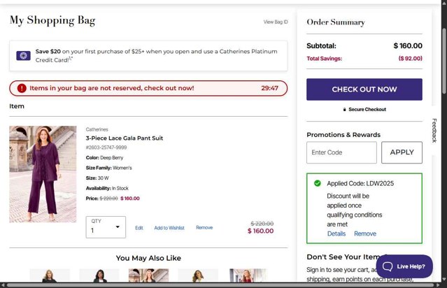 Catherines checkout page showing Catherines promo code box | Screenshot taken by SimplyCodes community member on Aug 28, 2025