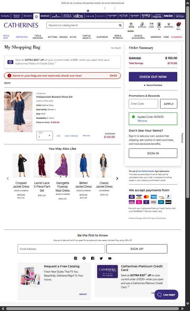 Catherines checkout page showing Catherines promo code box | Screenshot taken by SimplyCodes community member on Aug 18, 2025