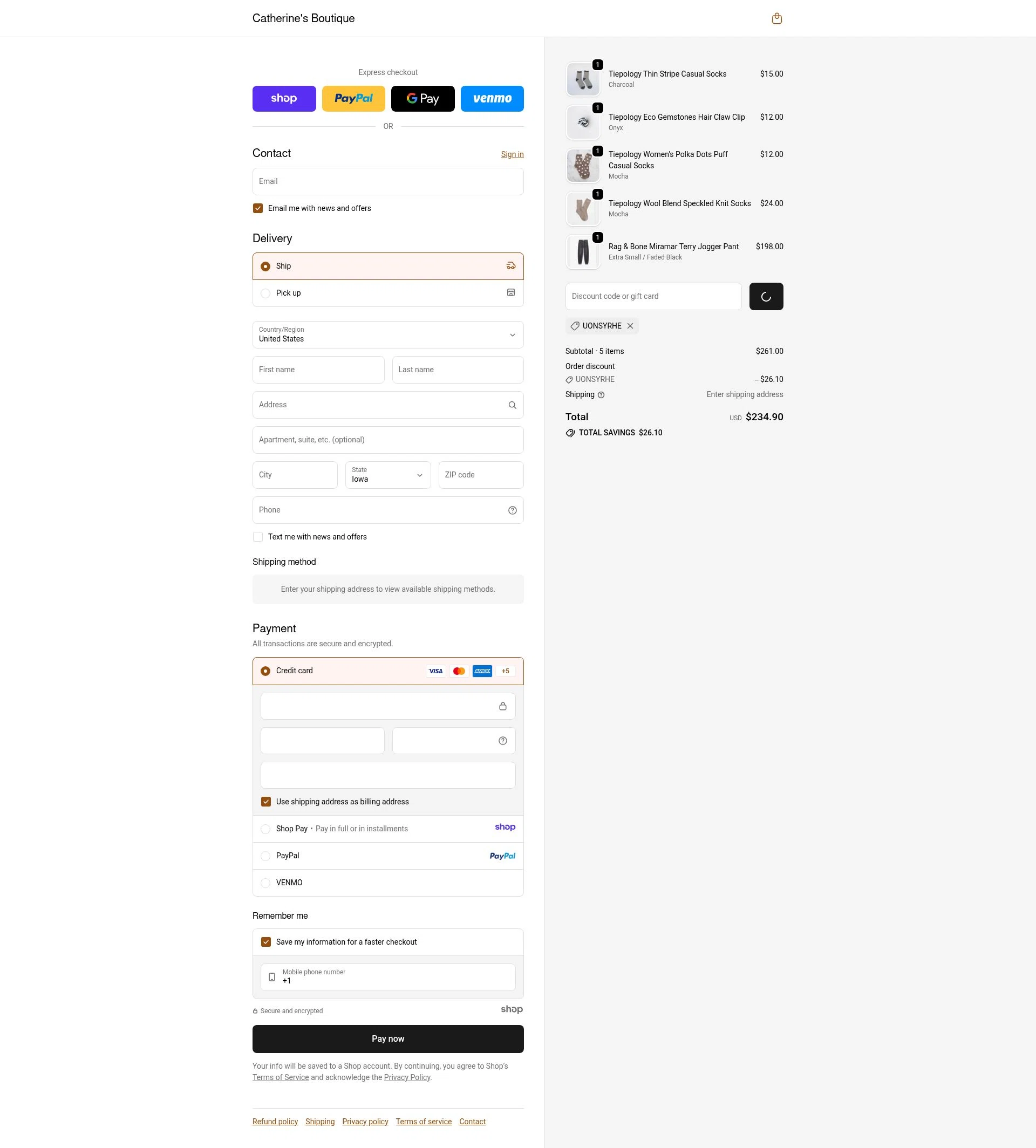 Catherine's Boutique checkout page showing Catherine's Boutique promo code box | Screenshot taken by SimplyCodes community member on Dec 29, 2025