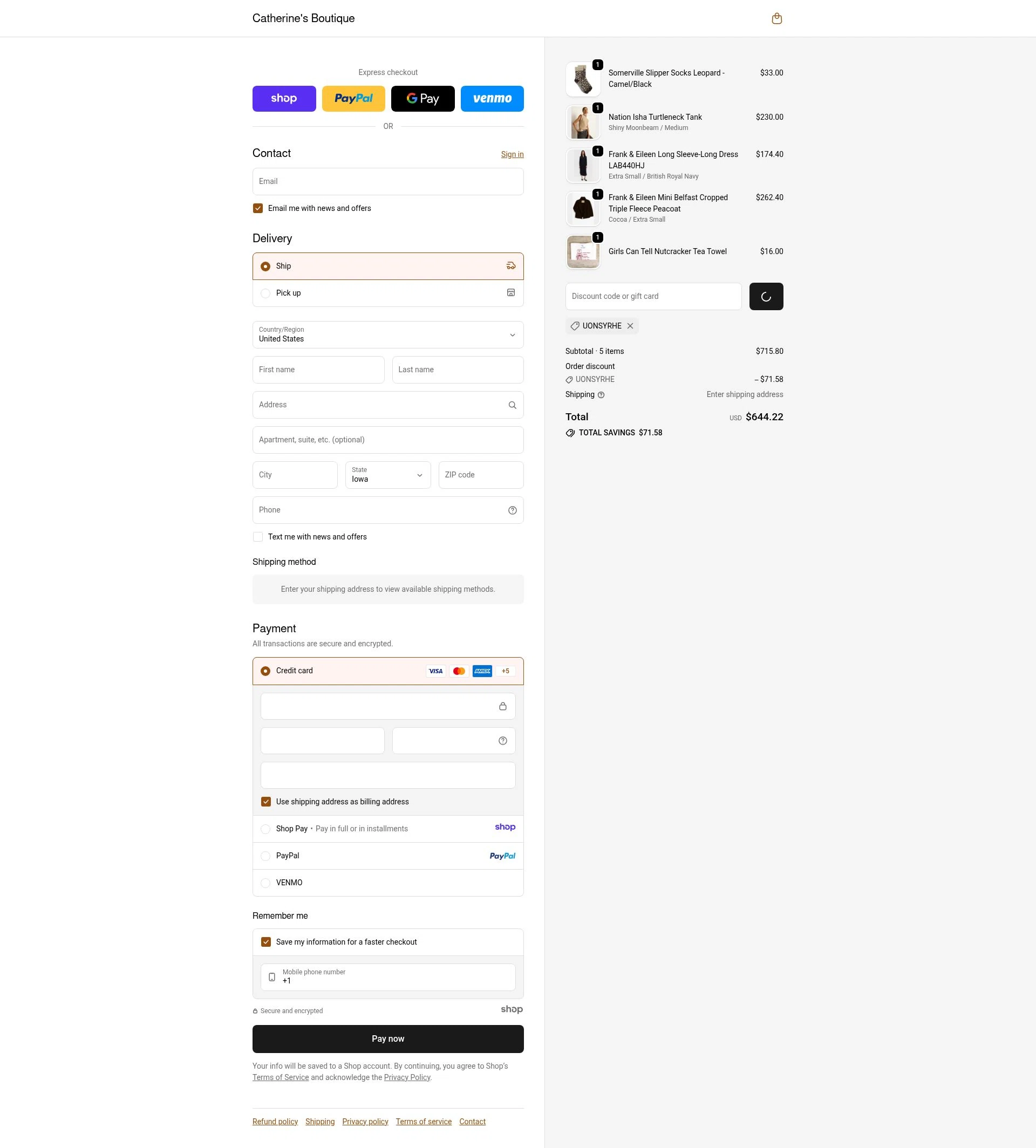 Catherine's Boutique checkout page showing Catherine's Boutique promo code box | Screenshot taken by SimplyCodes community member on Dec 24, 2025