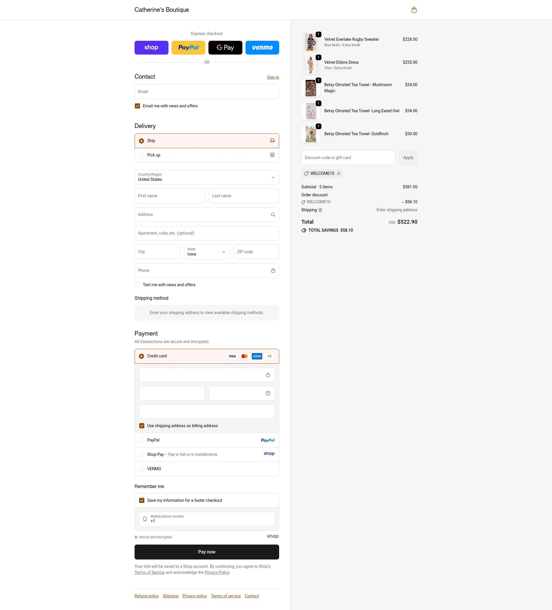 Catherine's Boutique checkout page showing Catherine's Boutique promo code box | Screenshot taken by SimplyCodes community member on Dec 11, 2025